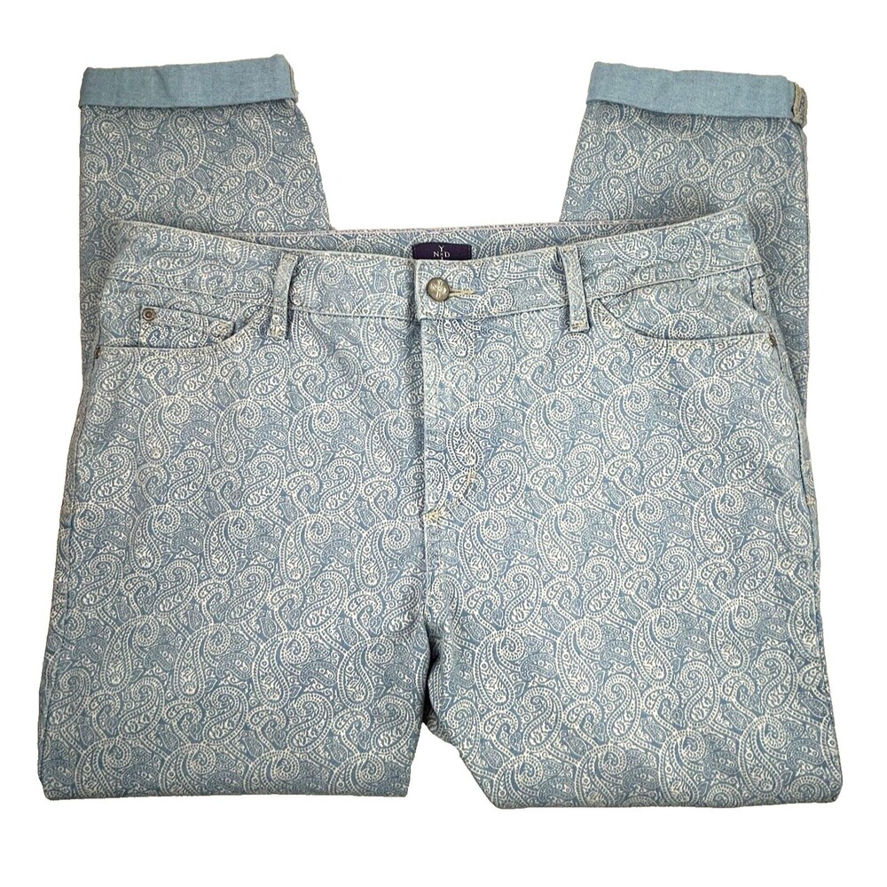 NYDJ Rachel Roll Cuff Ankle Light Blue Paisley Jeans Size 14